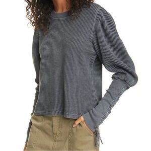 FP ONE Charcoal Grey Tasha Waffle Knit Ballon Lace Up Long Sleeve Sz XS Grunge